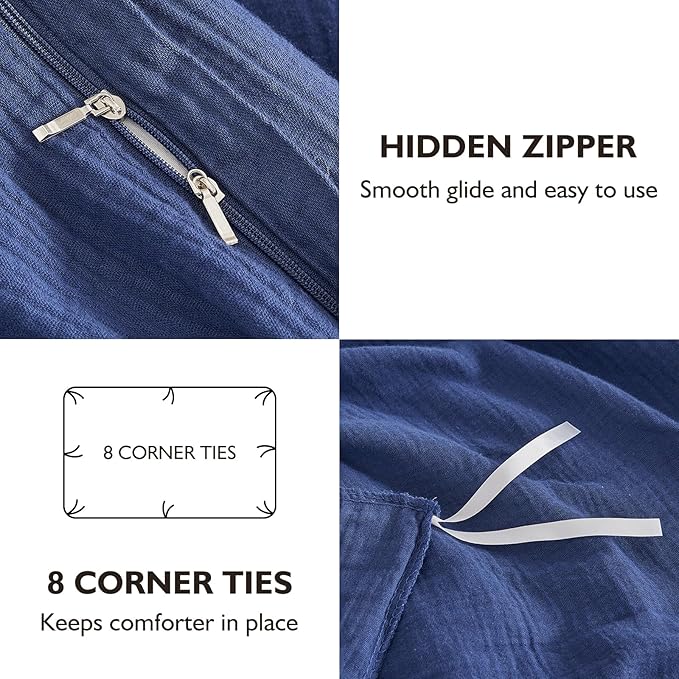 EMME Muslin Cotton Duvet Cover Set Navy Twin Size Linen Like Soft Breathable Lightweight Summer Comforter Cover Set with Zipper Closure (Navy, Twin, 68"x90")