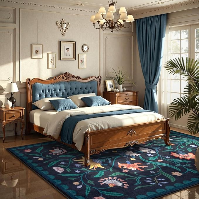 Lahome Boho Floral Washable Blue 5x7 Area Rugs for Living Room, Non Slip Rugs for Bedroom Entryway, Indoor Ultra-Thin Throw Dining Room Carpet for Under Table Kitchen Dorm(Dark Blue,5x7)