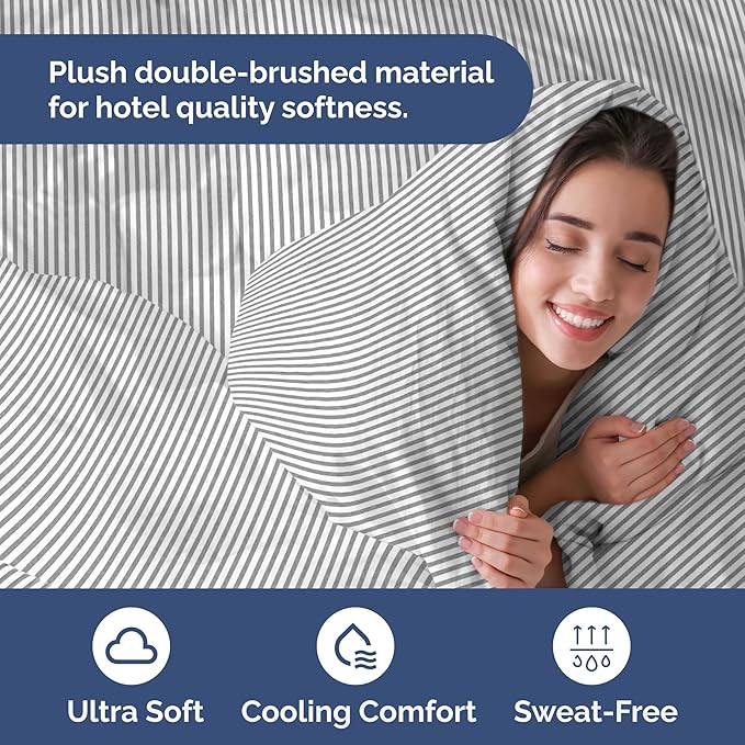 Duvet Cover King Size Set - Extra Soft King Size Duvet Cover 104 x 90 with 2 Pillow Shams - Hotel Luxury Easy Care and Fade Free w/Zipper Closures & Ties - Comfy Breathable Bedding Set (Grey Stripes)