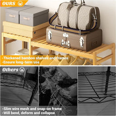 Homykic Bamboo Clothes Rack Garment Rack for Hanging Clothes, Heavy Duty Clothing Rack with 7 Tiers Adjustable Shelves, Double Rods, 4 Hooks, Freestanding Closet System Organizer Wardrobe, Natural