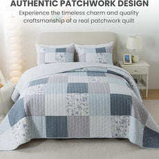 SLPR Coastal Dream Cotton Pieced Quilt Set - King Size with 2 Shams, Soft Purple & Blue Patchwork Quilted Bedspread, Farmhouse Country Style Bedding for All Seasons