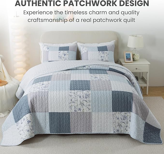 SLPR Coastal Dream Cotton Pieced Quilt Set - Queen Size with 2 Shams, Soft Purple & Blue Patchwork Quilted Bedspread, Farmhouse Country Style Bedding for All Seasons