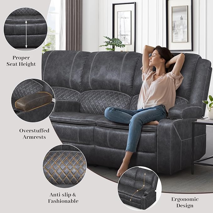 Velvet Fabric Recliner Sofa, 3 Seater Manual Reclining Sofa with 2-Tier Cushion, Reclining Couches for Living Room with Removable Console, Hidden Storage Space, Cup Holders - Grey