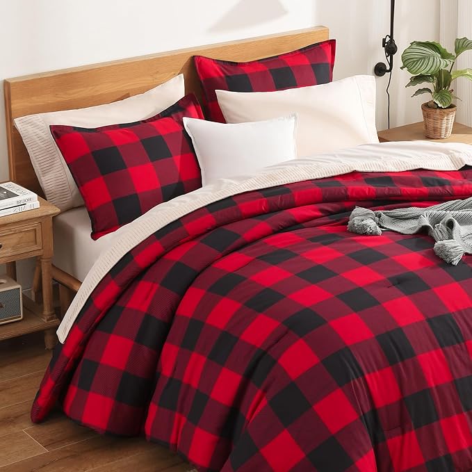 Andency Red and Black Plaid Comforter Set Twin(66x90Inch), 2 Pieces Buffalo Plaid Checkered Gingham Bedding Comforter Sets, Soft Burgundy Lightweight Geometric Down Alternative Bed Set