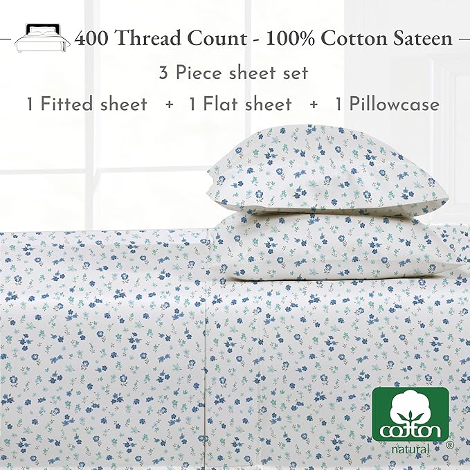California Design Den Printed Twin XL Sheet Sets - 400 Thread Count Sateen, Natural 100% Cotton Sheets, Deep Pockets, and Durable Bedding Set - Blooming Meadows