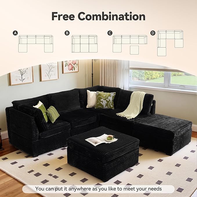 Large 6 Seat Modular Sectional Sofa with Ottoman Seat Corduroy Sleeper Sectional Sofa Bed Oversized Convertible Modular Couch for Living Room