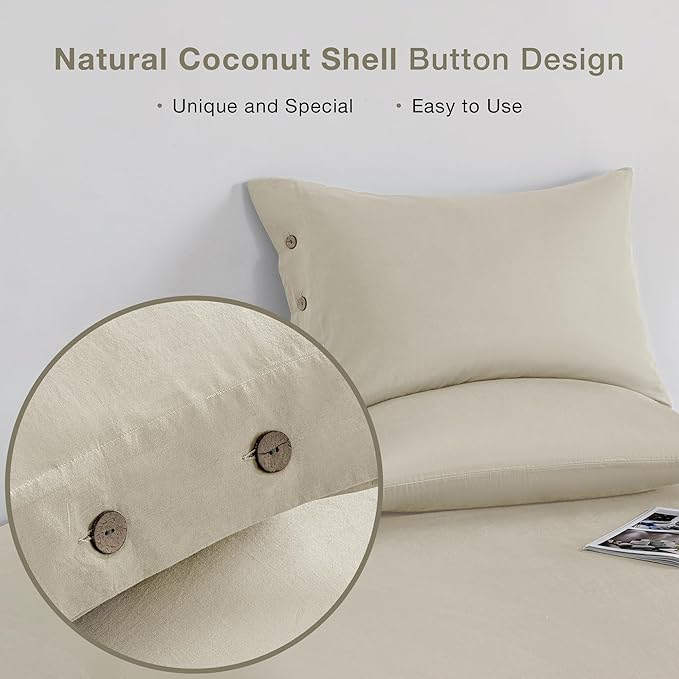 JELLYMONI Pillowcases King Set of 2 Cotton Button Pillow Covers 20×36in Light Khaki Bed Pillow Cases 100% Washed Cotton Soft Breathable (Pillows are not Included)
