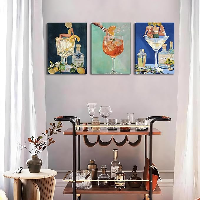 Vintage Cocktail Canvas Wall Art Set of 3, Retro Dirty Martini Bar Cart Wall Decor Paintings, Preppy Alcohol Aesthetic Posters Prints Pictures for Bar College Girls Apartment Dorm 12x16 Inch Framed