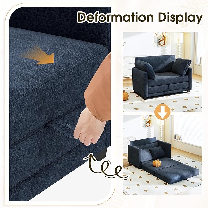 51" Convertible Sofa Bed, 2 in1 Folding Sofa Bed, Loveseat Sleeper Sofa for Small Spaces, Fold Out Floor Couch with 2 Pillows for Apartment, Living Room & Guest Room, Deep Blue Chenille Fabric