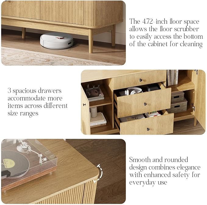 59" Sideboard Buffet Cabinet with Storage, Modern Fluted Accent Credenza with Charging Station, Wood Mid Century Buffet Table Coffee Bar Console Table with 3 Drawers & 2 Doors for Kitchen, Entryway