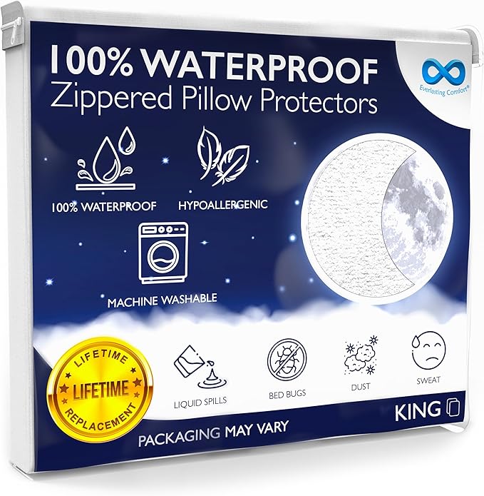 100% Stain Resistant & Waterproof King Size Pillow Protectors with Zipper Set of 2 - Bed Bug & Dust Mite Proof White Pillowcases - Breathable, Comfortable Pack of Covers for Pillows, 20 x 36 Inches