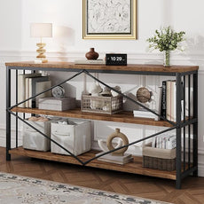 HSH Horizontal Bookshelf, Wood Metal Low Bookcase with Storage, Open 3 Tier Etagere Book Shelf for Office Bedroom Living Room, Rustic Brown, 55 Inch