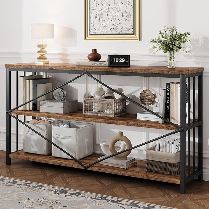 HSH Horizontal Bookshelf, Wood Metal Low Bookcase with Storage, Open 3 Tier Etagere Book Shelf for Office Bedroom Living Room, Rustic Brown, 55 Inch