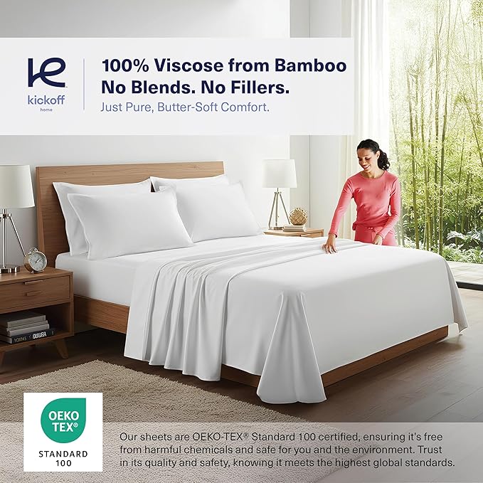 Kickoff Viscose Bamboo Sheets Queen Size 4-pc 100% Organic Bamboo Viscose Bed Cooling Sheets Queen Size Set Cool Bedding for hot Sleepers Sheet, Flat, Fitted, Pillowcases (Snow White, Q) KickoffHome