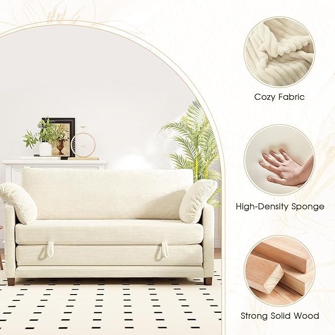 65" Convertible Loveseat Sofa Bed, 2-in-1 Folding Sofa Bed with 2 Pillow for Small Spaces, Modern Sleeper Couch for Apartment, Living Room & Guest Room (Corduroy Beige, 65 inch)