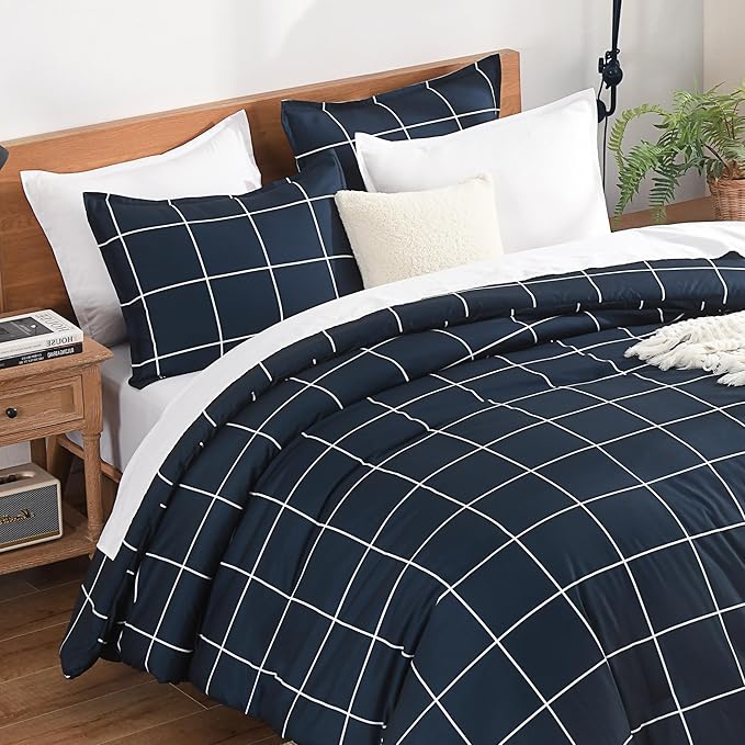 Andency Navy Plaid Comforter Full(79x90Inch), Dark Blue Grid Gingham Buffalo Plaid Bed Set for Boys Kids Teens, 3 Pieces Lightweight Microfiber Geometric Preppy Bedding