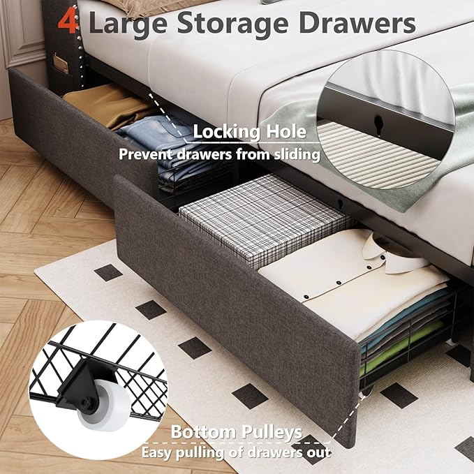 Full Size Bed Frame with 4 Drawers and Storage Headboard, Upholstered Button Linen Platform Full Bed with Led Lights and Handy Charging Station, No Box Spring Needed, Easy Assembly, Noise Free, Grey