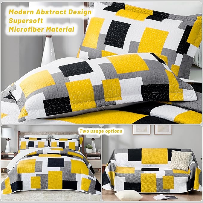 3 Piece Yellow Grey Quilt Set King Size Yellow Gray White Geometric Reversible Bedding Set Microfiber Lightweight Bedspread Coverlet with 2 Shams Modern Bed Cover for All Season, 106''x96''