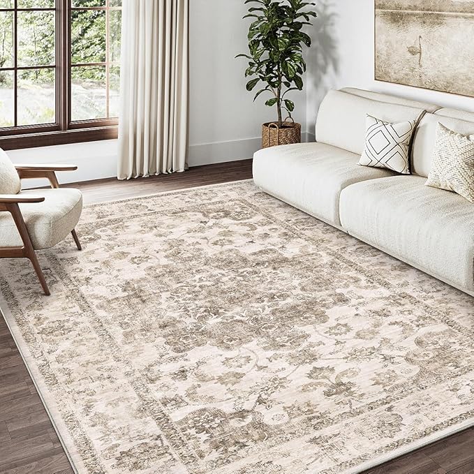 5x7 Washable Neutral Area Rug Brown Vintage Living Room Bedroom Carpet Non-Slip Soft Low Pile Floral Indoor Throw Rug for Dining Room Entryway Office