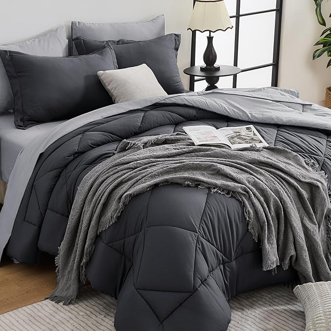 HEVUMYI Cali-King Comforter Set - 7-Piece All Season Bed in a Bag Cali-King, Ultra Soft Bedding Set with Comforter, Flat Sheet, Fitted Sheet, Pillowcases, Pillow Shams, Dark Grey & Light Grey