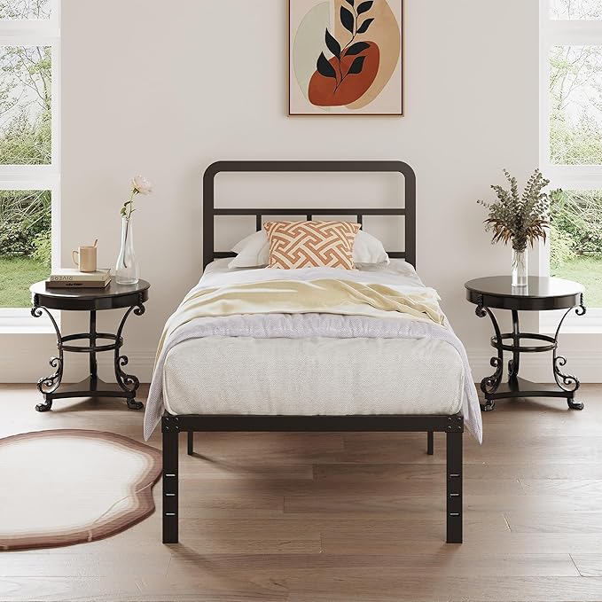 16 Inch Twin XL Bed Frame with Headboard No Box Spring Needed Metal Platform Heavy Duty Steel Slat Mattress Foundation/Easy Assembly/No Noise/Black