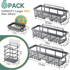 Veken Rustproof & Waterproof Shower Caddy 6-Pack, No Drilling Adhesive Shelves Rack with Soap Holder, Large Capacity Bathroom Organizers and Storage, Wall-Mounted Kitchen & Home Decor, Dark Grey