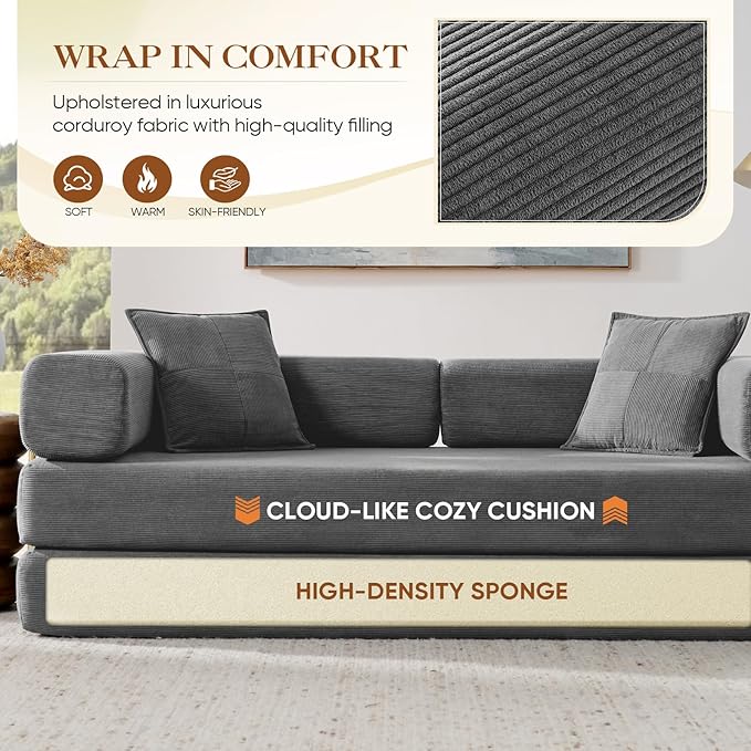 Antetek Convertible Futon Sofa Bed, 3-Seater Modern Corduroy Foam Floor King Size Bed Fold Out Sleeper Lounge Loveseat Sofa Couch with 2 Throw Pillows for Living Room Bedroom Guest Room, Dark Grey