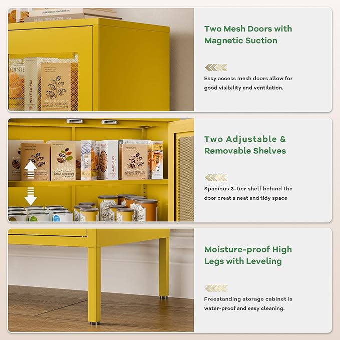 40"H Yellow Metal Cabinet,Locker Storage Cabinet,Bathroom Floor Storage Cabinet,Small Yellow Cabinets with 4 Doors,Freestanding Sideboard,Pantry Food Cabinet for Hallway,Home Office, Kitchen