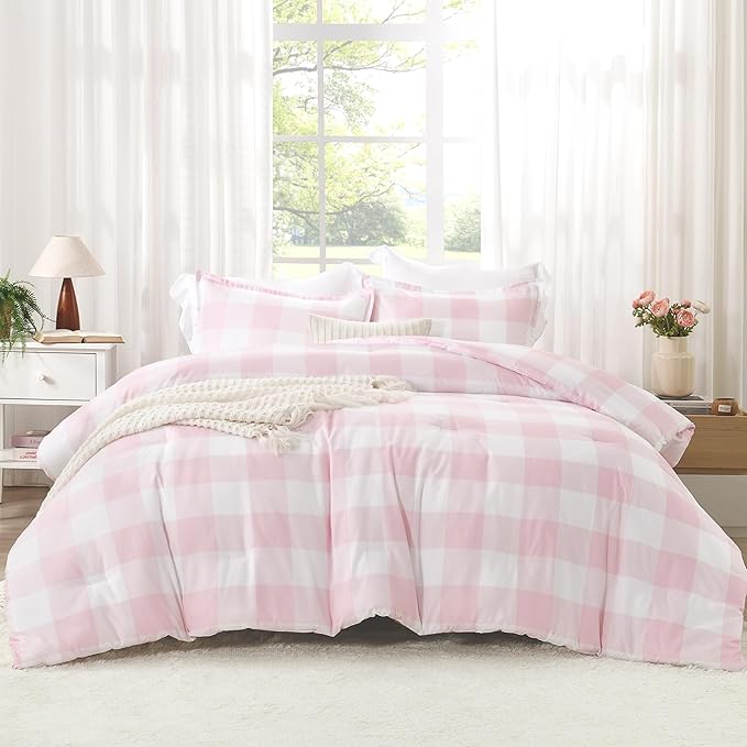 Andency Pink Checkered Comforter Twin(66x90Inch), Plaid Gingham Buffalo Plaid Grid Bedding Sets for Girls Kids Women Kids Teens, 2 Pieces Lightweight Microfiber Geometric Preppy Bed Set