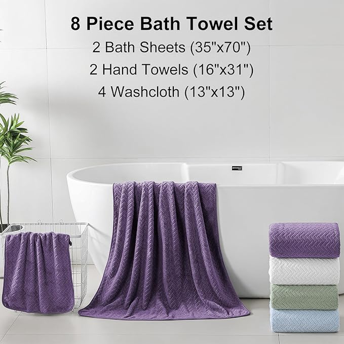 Ferdilan 8 Pack Bath Towel Set, 2 Extra Large Bath Towel Sheets, 2 Hand Towels and 4 Washcloths Ultra Soft and Absorbent Chair Towels for Bathroom, Quick Dry Towel for Home Hotel,Purple