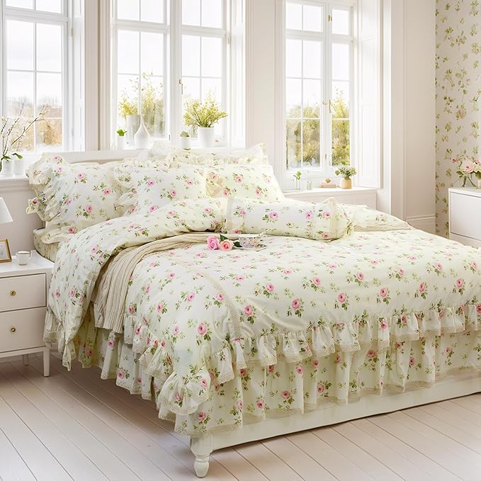 FADFAY Rosette Floral Print Duvet Cover Set Princess Lace Ruffle Bedding Set for Girls 3 Pieces Twin Size