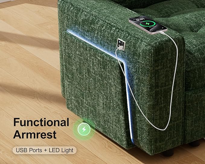 WEUP 8 Seat U Shaped Sectional Sleeper Sofa Bed with Pull Out Bed, Chenille Sectional Sleeper Couch with Adjustable Backrest, USB Ports, LED, Side Table, Tool-Free Assembly, Chenille Green