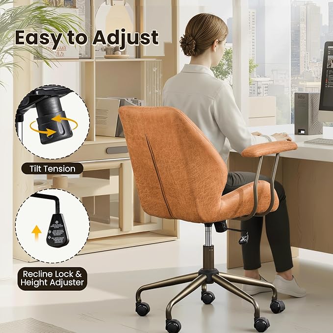 Home Office Desk Chair, Mid-Century Modern Office Chair with Adjustable Lumbar Support, Adjustable Height Executive Task Chair with 360 Rolling Swivel for Meeting Study Room(Mid Back, Brown)