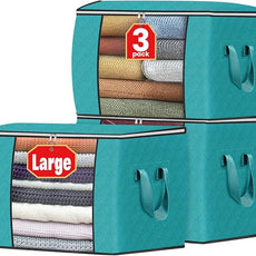 Fab totes 24 Gallons Clothes Storage, Foldable Thick Fabric Blanket Storage Bags, Containers for Organizing Bedroom, Closet, Clothing, Comforter, Organization with Handle (3 Pack,Green)