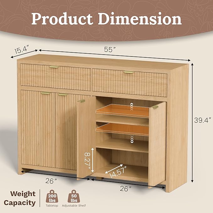 Fluted Sideboard Buffet Cabinet with Storage Drawers, 55" Large Accent Storage Cabinet with Doors and Adjustable Shelf, Modern Farmhouse Credenza for Entryway, Kitchen, Living Room - Wood