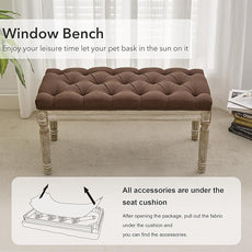 LOULENS French Vintage Bench, Linen Fabric Entryway Bench, Upholstered Tufted End of Bed Bench with Brushed Wood Legs, Brown