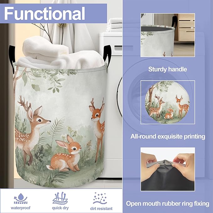 Cute ElkLaundry Basket,Animal World Large Canvas Fabric Lightweight Storage Hamper Organizer Dirty Clothes Collapsible Waterproof for College Dorms,Bathroom