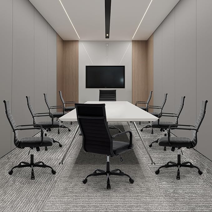 Conference Room Chairs, Ergonomic Executive Office Chair, Ribbed Leather Desk Chair with Lumbar Support, Adjustable Height Mid-Back Swivel Chair with Padded Seat