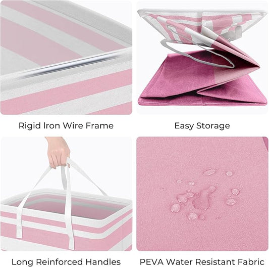 HomeHacks 2 Pack Large Laundry Baskets, Waterproof, Freestanding Laundry Hampers, Collapsible Clothes Hamper with Reinforced Handles in Laundry, College Dorm, Bathroom, Bedroom (Pink, 125Lx2)