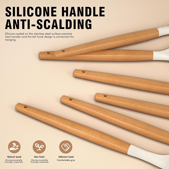 Silicone Cooking Utensils Set - AVGPD Silicone Kitchen Utensils for Cooking Wooden Handles, 446°F Heat Resistant Kitchen Utensil Spatula Sets, Gadgets for Non-Stick Cookware BPA FREE (Cream White)