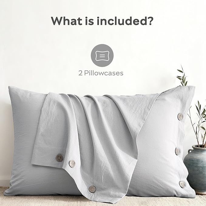 JELLYMONI 100% Washed Cotton King Pillowcases Set, 2 Pack Linen-Like Texture Breathable Pillow Covers with Button Closure,Pale Grey King 20"×36"(Pillows are not Included)