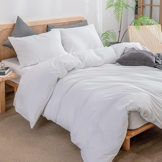 BESTOUCH Duvet Cover Set 100% Washed Cotton Linen Feel Super Soft Comfortable Chic Lightweight 3 PCs Home Bedding Set Solid Bright White Super Queen