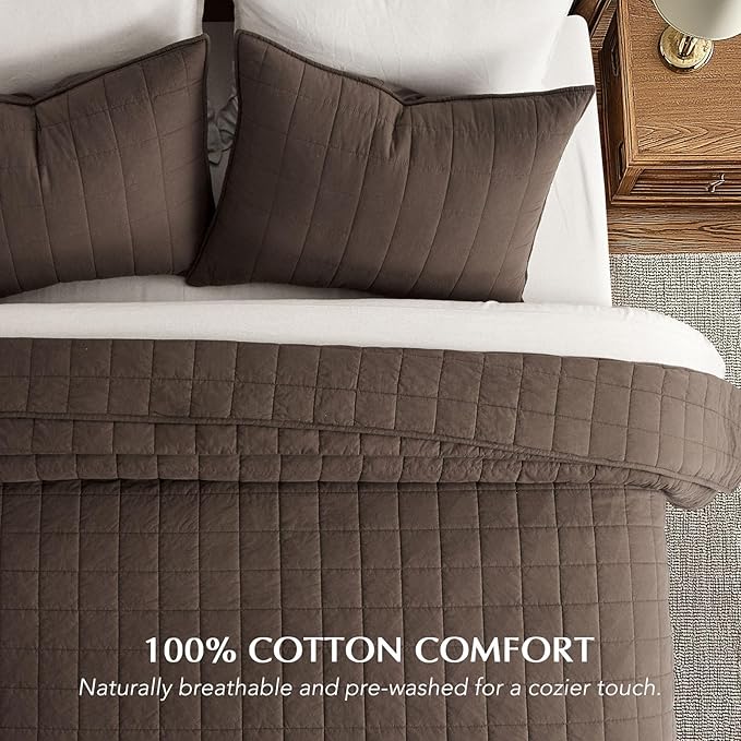 EVERGRACEHOME 100% Cotton Box Stitch Quilt Bedding Set Queen Size 3 Pieces, Garment-Washed Lightweight Soft Cozy Coverlet, Quilted Bedspread Sets with 2 Shams for All Season, Cocoa Brown