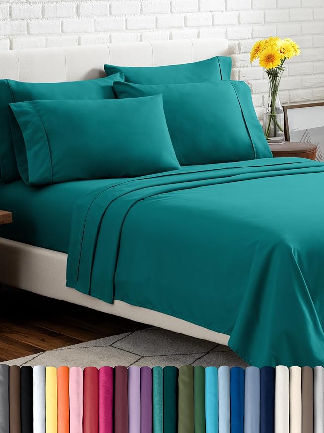 Bare Home Hotel Luxury Split King Sheet Set, Extra Soft, 7 Piece Set, Deep Pockets, Easy Fit, Cooling & Breathable, Wrinkle, Fade, Stain Resistant, Includes 4 Pillowcases (Split King, Emerald)