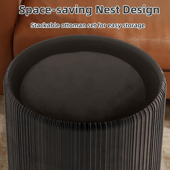 Twira Round Ottoman with Storage Set of 2, Velvet Nesting Ottoman for Living Room,Bedroom,Dorm,RV, Flip-up Lid Coffee Table, Upholstered Makeup Vanity Stool,Multifunctional Foot Rest 330lbs Load Black