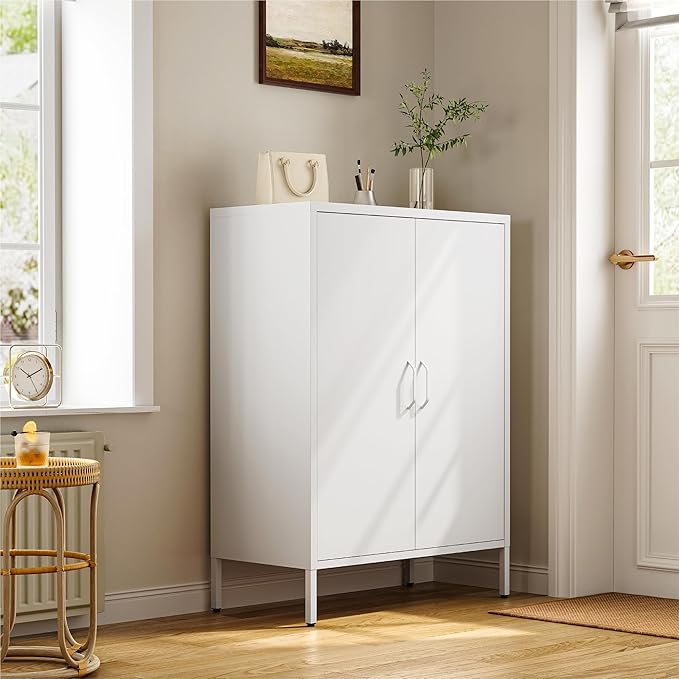 Metal Locker Cabinet, White Accent Storage Cabinets with 2 Doors And Adjustable Shelves, 3 Tier Modern Storage Freestanding Sideboard for Living Room,School,Office Home Kitchen (White, 2Doors-40"H)