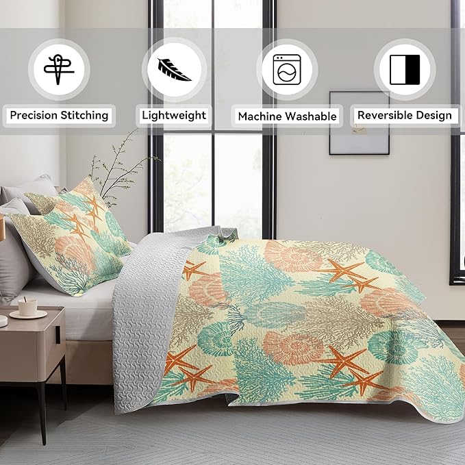 Tritard 3 Piece Coastal Quilt Sets King Size - Reversible Microfiber Quilts with 2 Shams Soft Lightweight Beach Bedding Nautical Bedspread Coverlet Summer Comforter Set for All Season, 106''x96'', C4