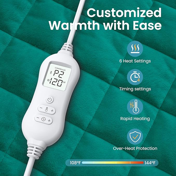 NOWWISH 5lbs Weighted Heating Pad for Women, Electric Heated Weighted Blanket with 6 Heat Settings, Timer & Auto Shut-Off, Relief for Period Cramps, Back Pain, Lap, Machine Washable, 29x24 inch, Green