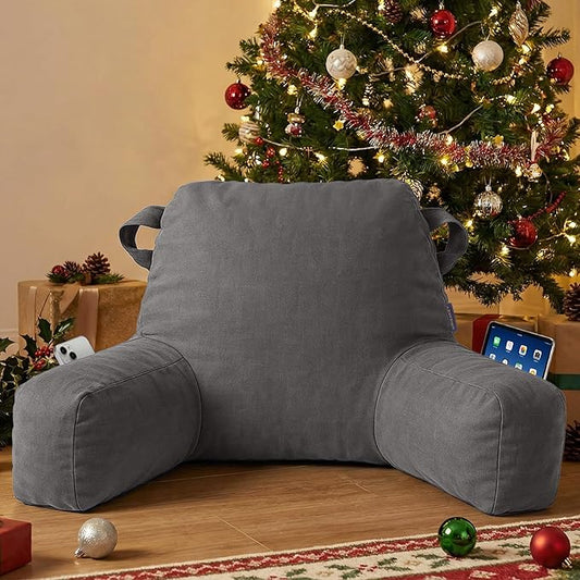 Portable Comfy Reading Pillows for Bed Sitting Up(Light Grey Oeko-Tex), Velvet Back Pillow with Arms & Pockets for Adults, Support Memory Foam Bed Pillow for Dorm/Reading/Watching/Gaming
