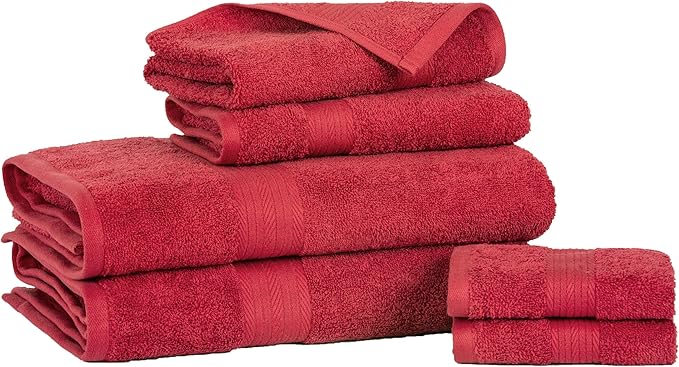Ample Decor 100% Cotton 6 Piece Bathroom Towels Set, 2 Bath Towels, 2 Hand Towels, 2 Washcloths, Quick Drying - Red Towel Sets